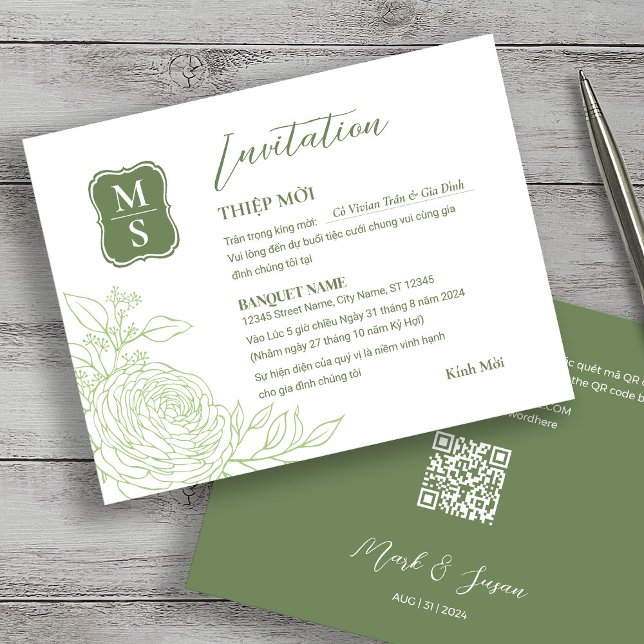 Bilingual Vietnamese Ranunculus Wedding Einladung (Von Creator hochgeladen)