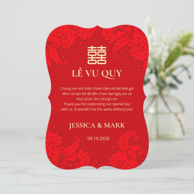Bilingual Vietnamese Wedding Red Thank You Card Dankeskarte (Stehend Vorderseite)