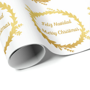 Bilingual White Golden Feliz Navidad Geschenkpapier