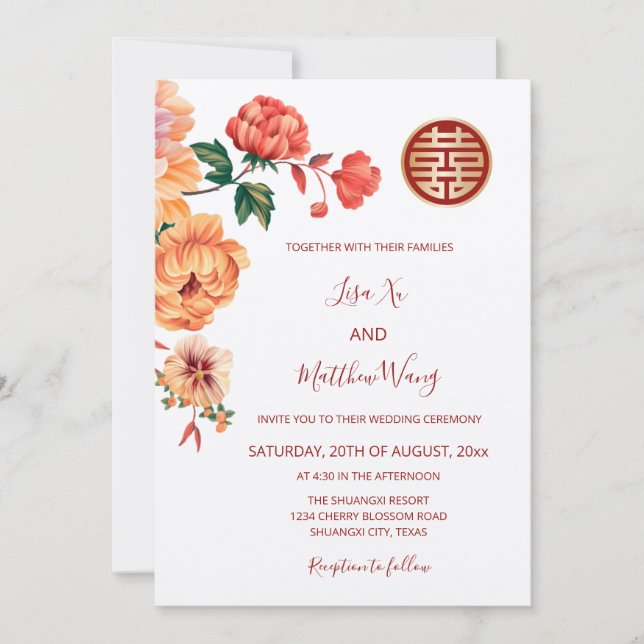 BILINGUAL | White Peony Chinese Wedding Einladung (Vorderseite)