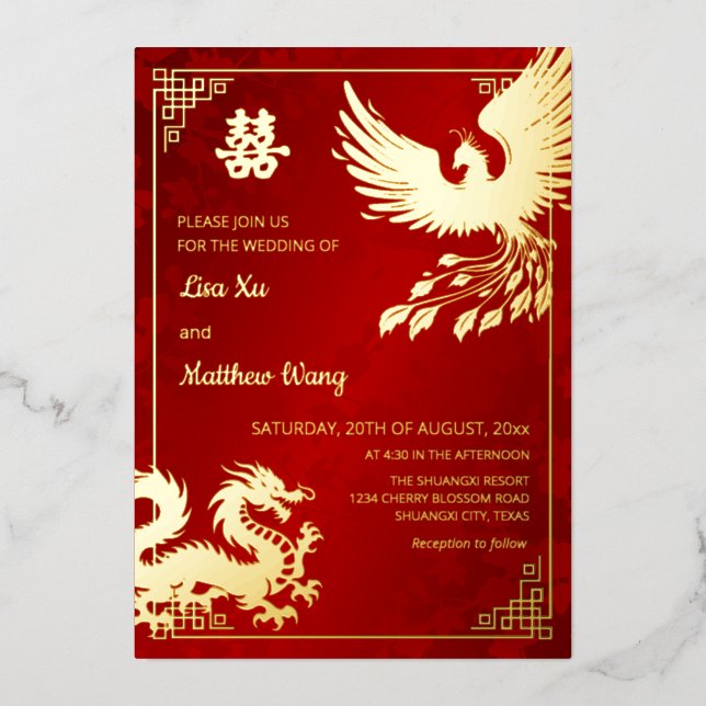 BILINGUALDrache und Phoenix | Chinesische Hochzeit Folieneinladung (Vorderseite)