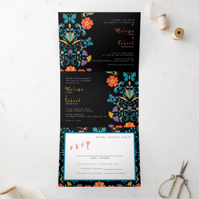 Bilinguale Hochzeitseinladung - Fiesta All in one Dreifach Gefaltete Einladung (Innenseite)