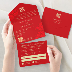 Bilinguale vietnamesisch-englische Hochzeit mit Bl All In One Einladung