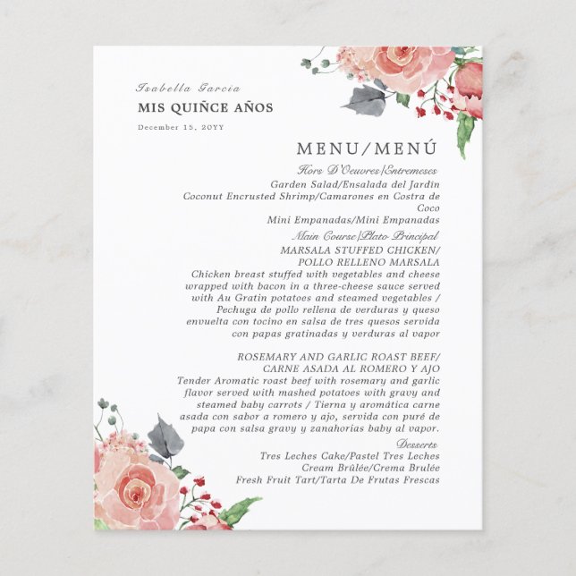 Bilingue Pink Floral Quinceanera Restauration Menu (Devant)