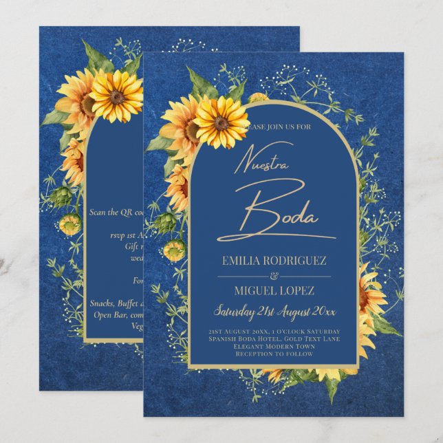 Bilingüe Rústico Azul Amarillo Girasoles Boda Einladung (Vorne/Hinten)