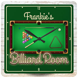 Billard ADD NAME Pool Tisch Billard Spielraum Quadratische Wanduhr