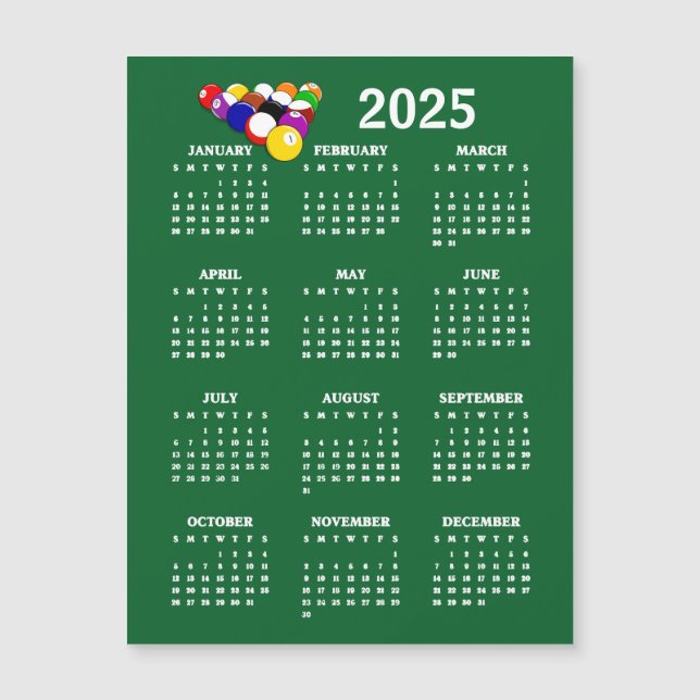 Billard Balls Pool 2025 Calendrier Carte magnétiqu (Devant)
