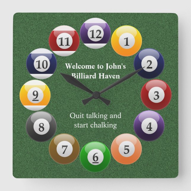 Billardkugel-glänzender bunter Poolsnooker-Sport Quadratische Wanduhr (Vorderseite)