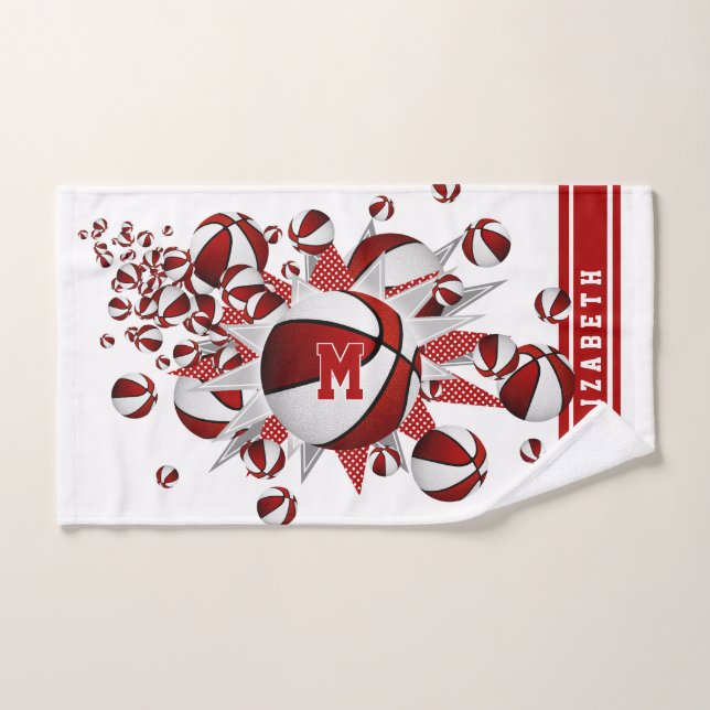 billes de basket blanc rouge étoiles filles monogr (Serviette à main)
