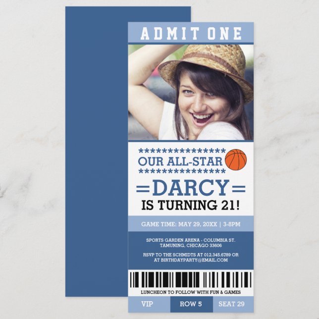 Billet Basket-ball Bleu Girl Birthday Invitations (Devant / Derrière)