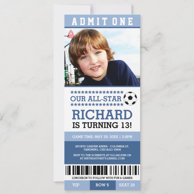 Billet Bleu de soccer Invitations d'anniversaire (Devant)