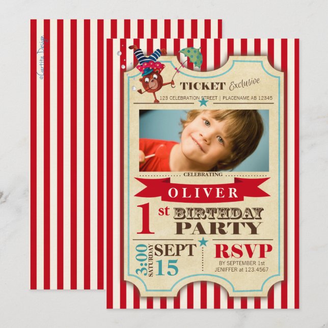 Billet Circus 1 er Anniversaire | Invitation de pa (Devant / Derrière)