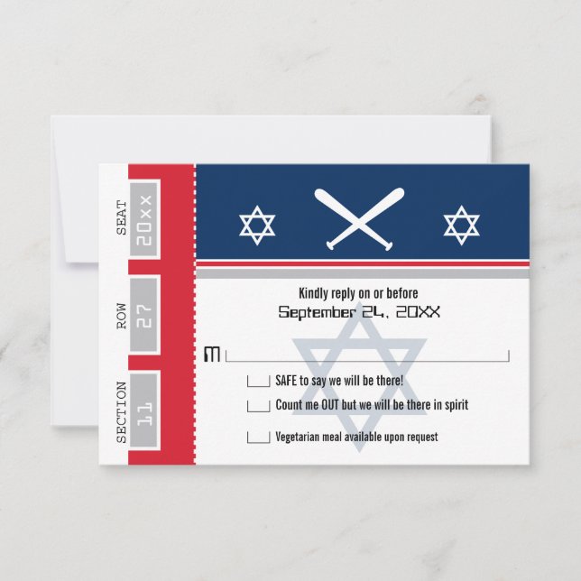 Billet de base-ball Red and Blue Bar Mitzvah RSVP (Devant)