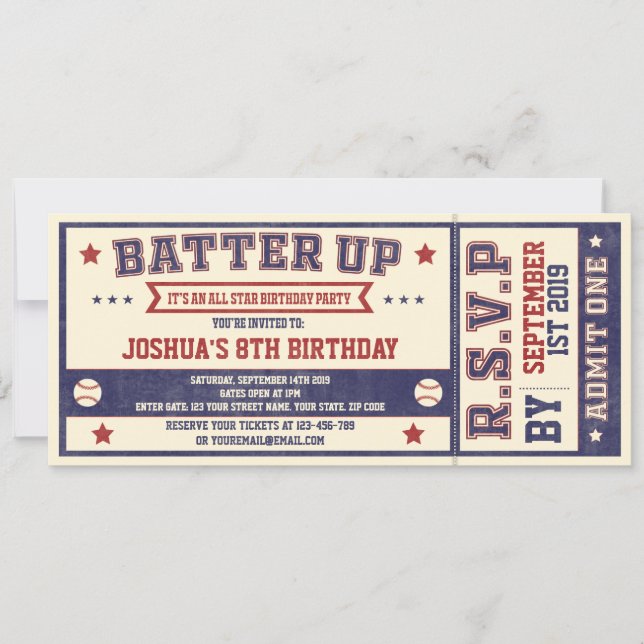 Billet de baseball vintage Invitation d'anniversai (Devant)