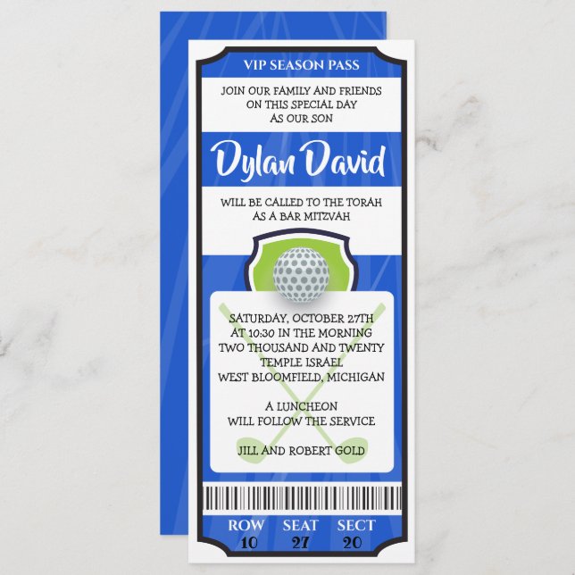 BILLET DE GOLF Invitation Bar Mitzvah (Devant / Derrière)
