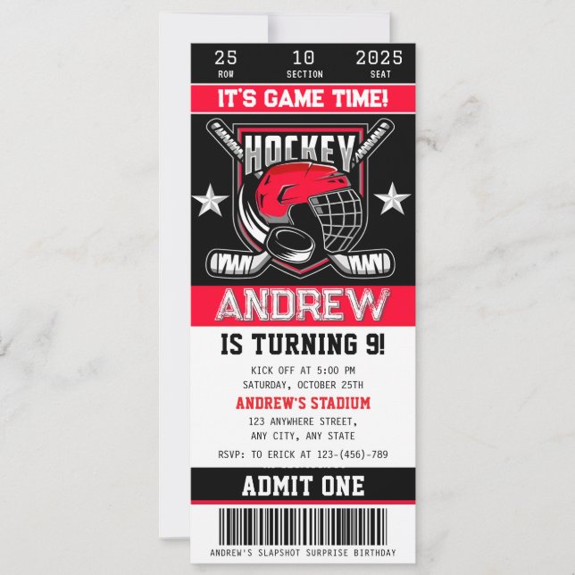 Billet de hockey personnel Invitation d'anniversai (Devant)