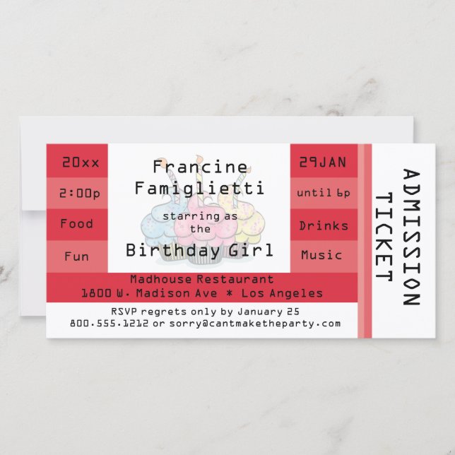 Billet d'entrée rouge chic Invitation d'anniversai (Devant)