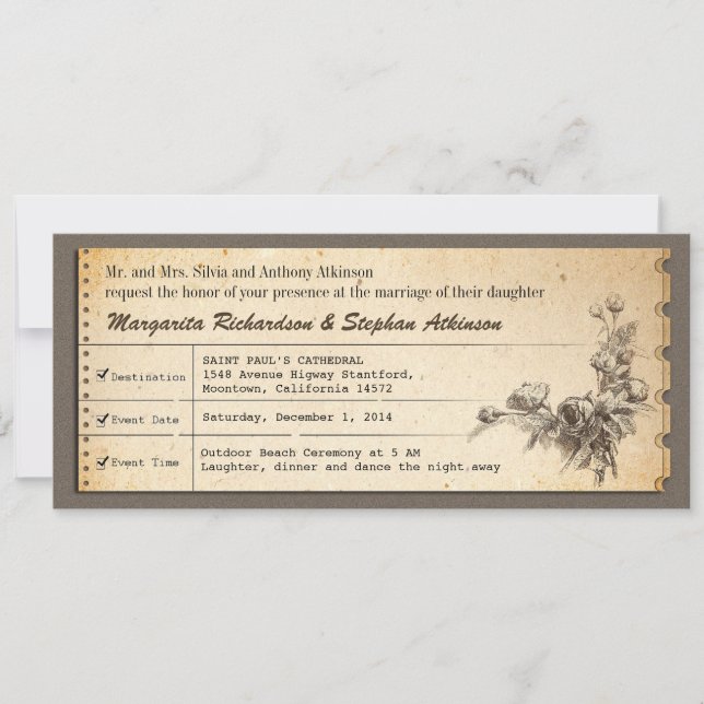 Billet vintage invitations uniques de mariage (Devant)