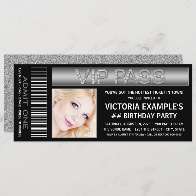 Billet VIP Pass noir Invitation de fête d'annivers (Devant / Derrière)
