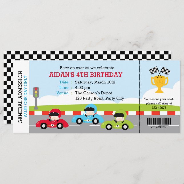 Billet Voiture de course Anniversaire Invitations  (Devant / Derrière)