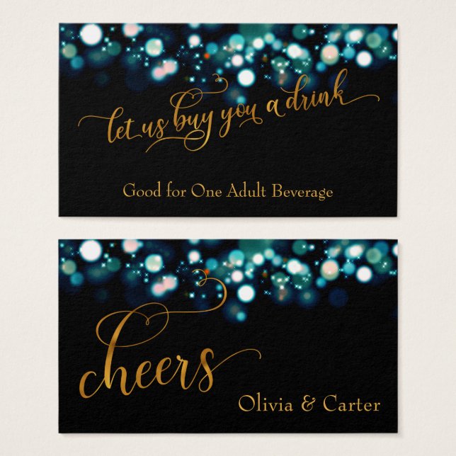 Billets de boisson, Gold Script & Turquoise Bokeh (Devant & derrière)