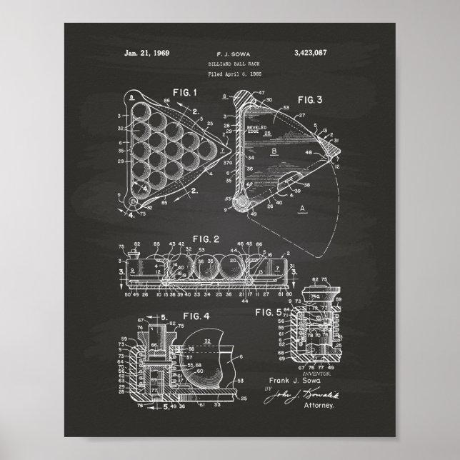 Billiard Ball Rack 1969 Patent Art - Chalkboard Poster (Vorne)