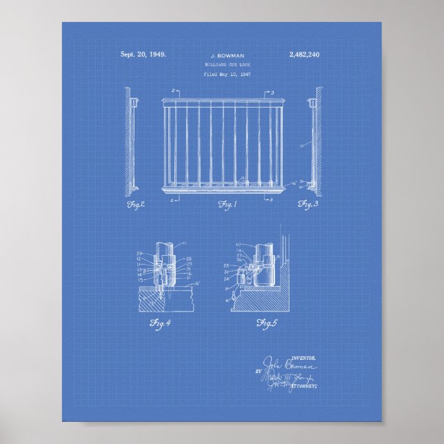 Billiard Cue Lock 1949 Patentart - Blueprint Poster (Vorne)