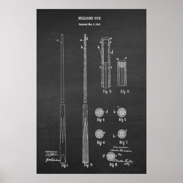 Billiard Cue Patent Art #4 Pool Wall Decke Poster (Vorne)