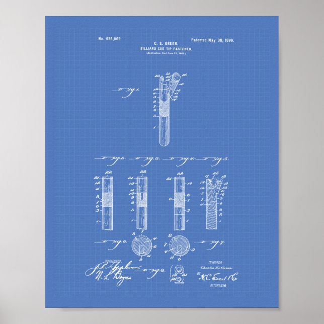 Billiard Cue Tipp 1899 Patentart - Blueprint Poster (Vorne)