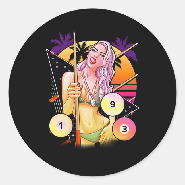 Billiard Girl Vaporwave 80er 90er Snooker Pool Runder Aufkleber (Vorderseite)