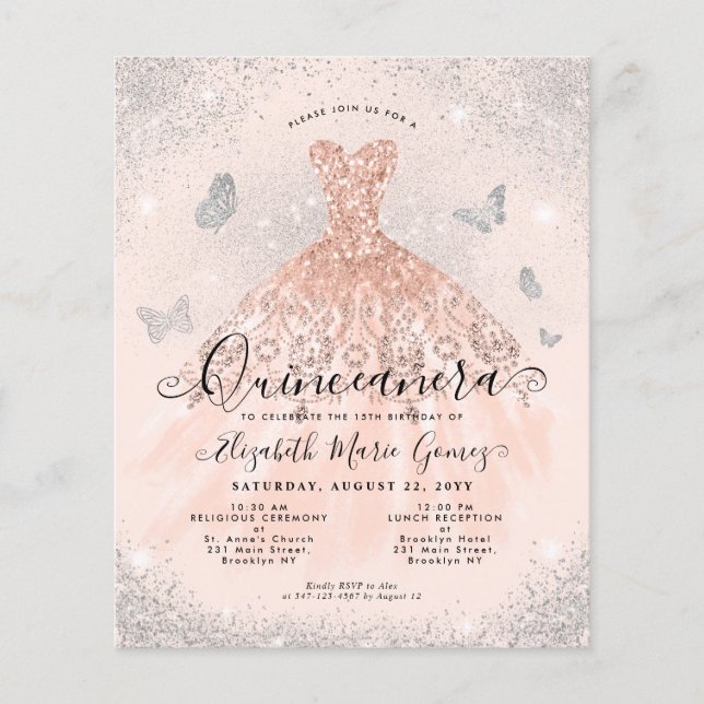 Billiard Pink Rose Gold Glam Gown Quinceanera Einl Flyer (Vorne)