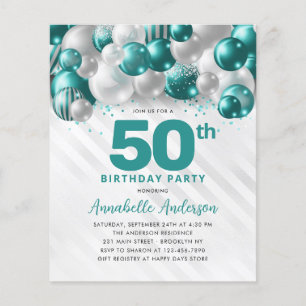Billig Aquamarin Silver Ballon Glitzer 50. Geburts Flyer
