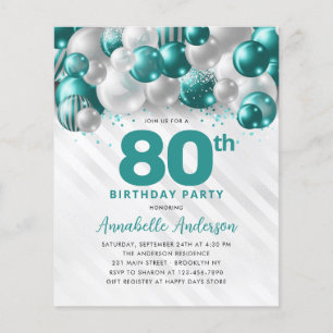 Billig Aquamarin Silver Ballon Glitzer 80. Geburts Flyer