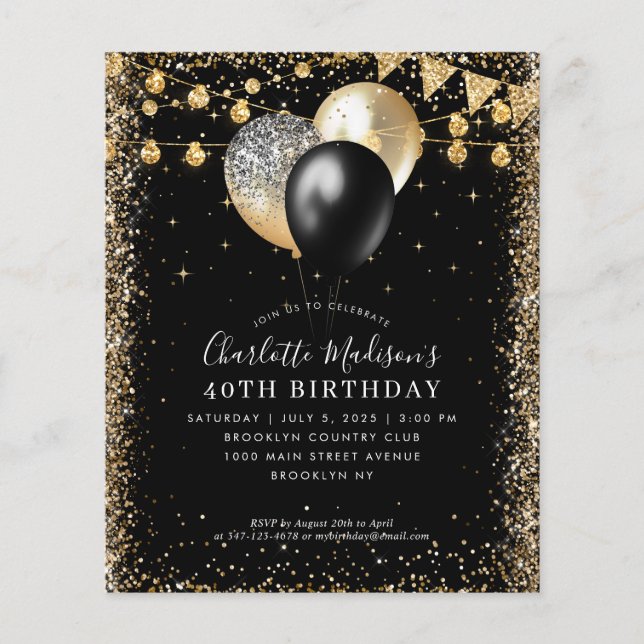 Billig Black Gold Glitzer Lights Balloon Geburtsta Flyer (Vorne)