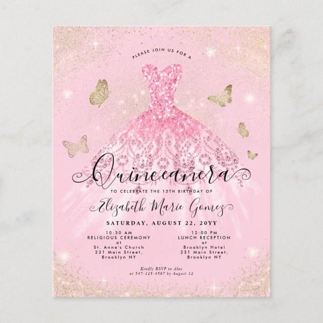Billig Blush Pink Gold Gown Quinceanera Einladung Flyer (Vorne)