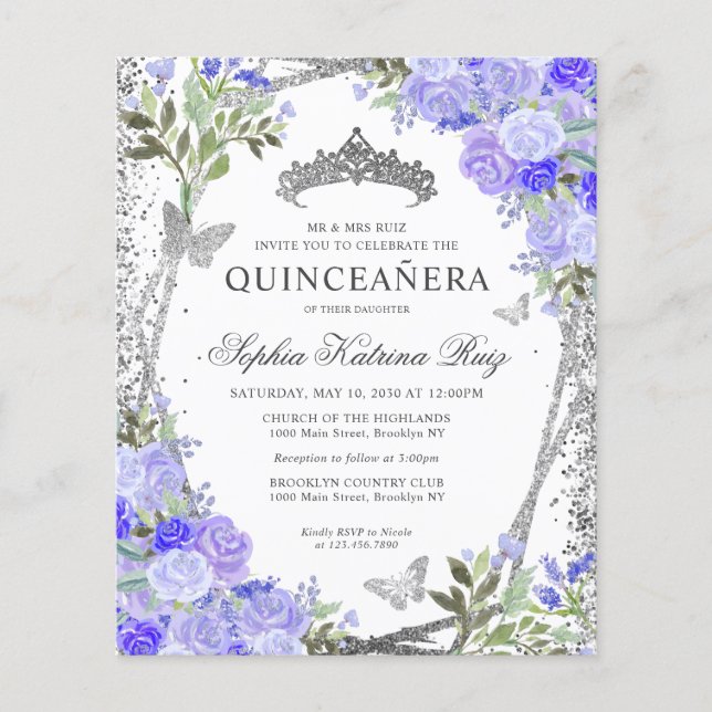 Billig floral Lila Silver Quinceañera Einladung Flyer (Vorne)