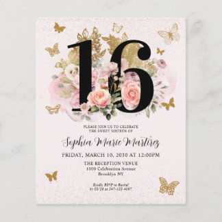 Billig Floral Pink Gold Schmetterling Sweet 16 Geb Flyer