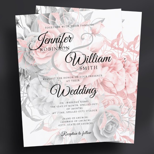Billig-Hochzeitsfeier Rose Gold Silber (Budget Floral Wedding Invitation Rose Gold Silver )