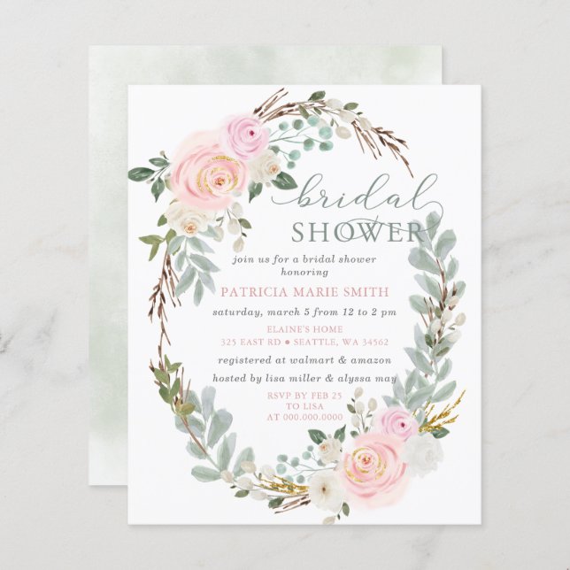 Billig Rosa Blumendusche Einladung (Vorne/Hinten)