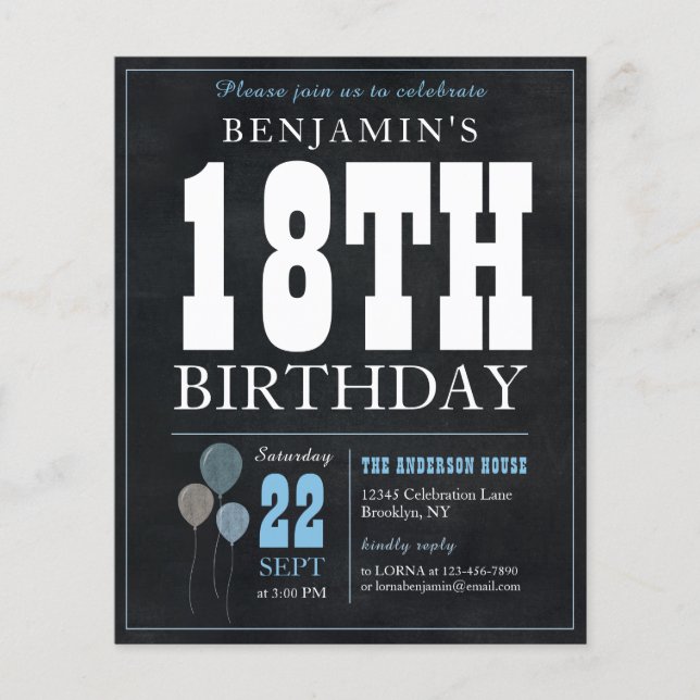 Billig Rustikales Chalkboard Blue Ballon 18. Gebur Flyer (Vorne)