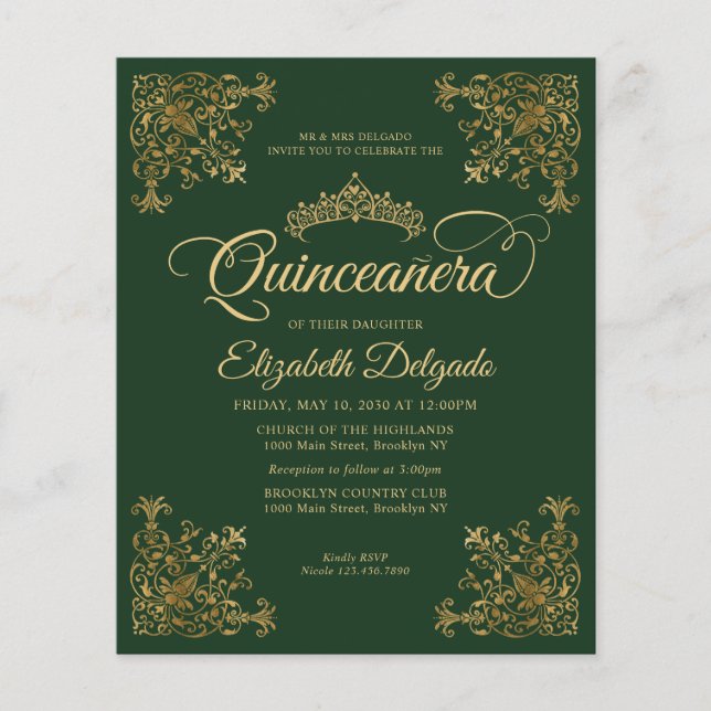 Billig Vintager Emerald Green Gold Frame Quinceane Flyer (Vorne)