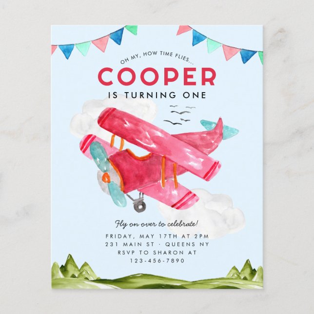 Billig Watercolor Sky Wolken Red Airplane Geburtst Flyer (Vorne)