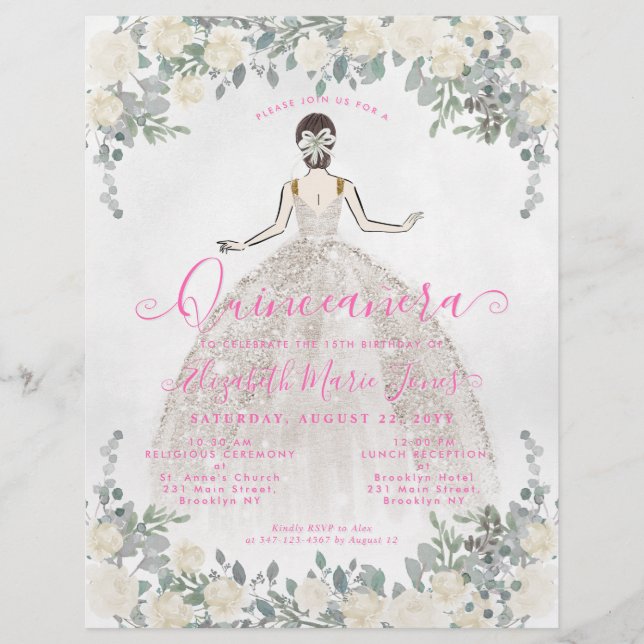 Billige Floral Elfenbein Hot Pink Prinzessin Quinc Flyer (Vorne)