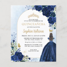 Billige Floral Navy Blue Gold Princess Quinceanera