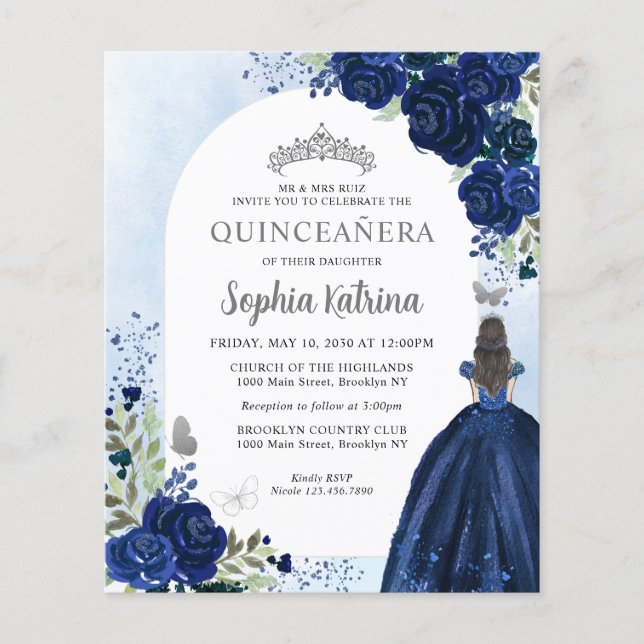 Billige Floral Navy Blue Silver Prinzessin Quincea Flyer (Vorne)
