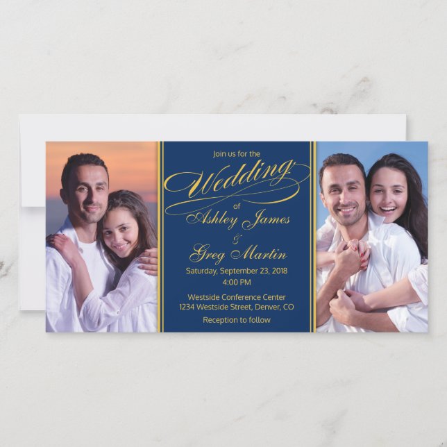 Billige Navy Gold Foto Collage Hochzeit Einladung (Vorderseite)
