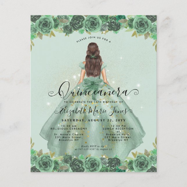 Billige Sage Green Gold Floral Princess Quinceaner Flyer (Vorne)