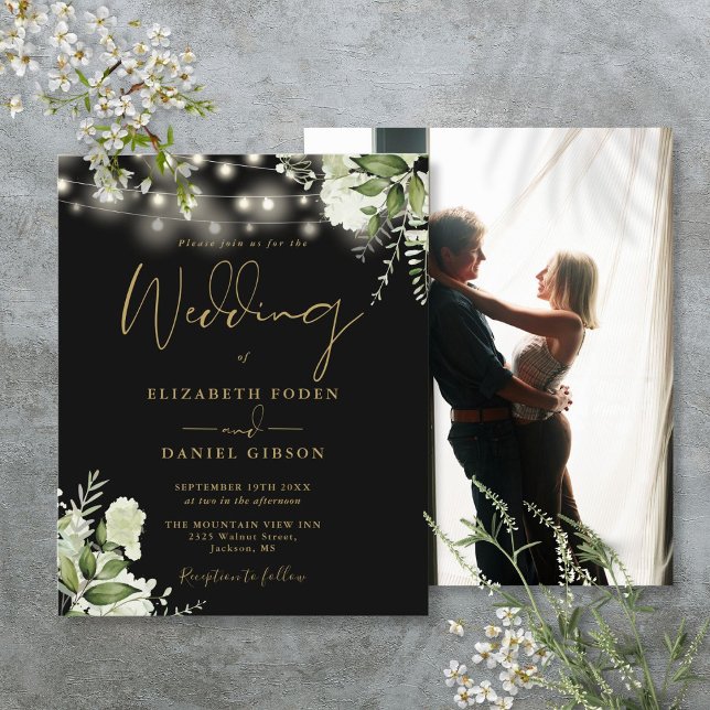 Billiges Foto mit schwarzem und goldenem Flor Einl (Budget Floral Black And Gold Photo Wedding Invite)
