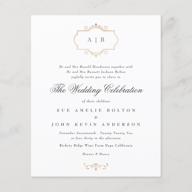 Billiges Gold Monogramm Hochzeit Einladung (Vorderseite)