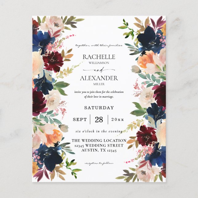 Billigflieger, Burgund, Pink & Peach Hochzeit Flyer (Vorne)